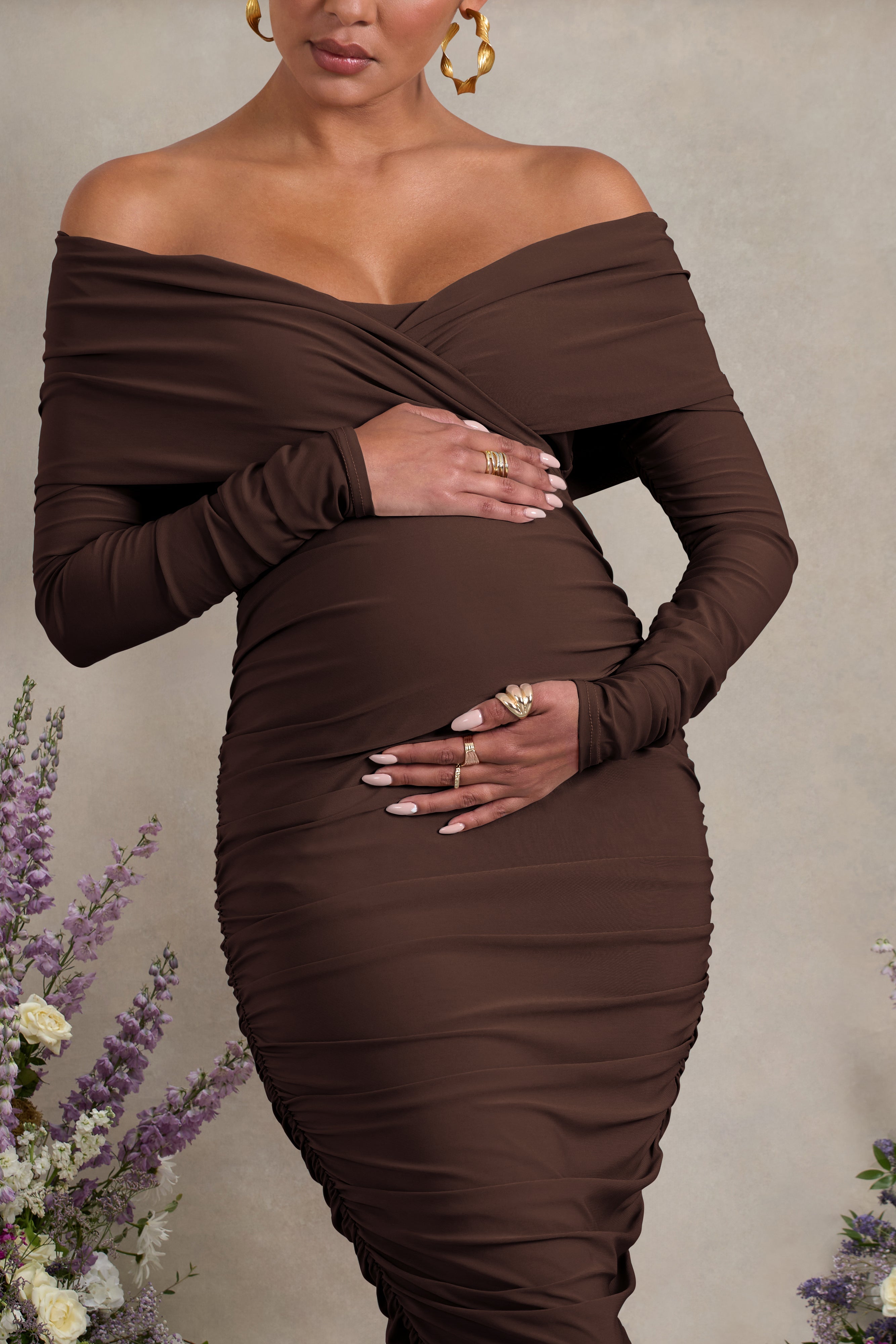 Davina Brown Ruched Twist Bardot Maternity Midi Dress – detail shot