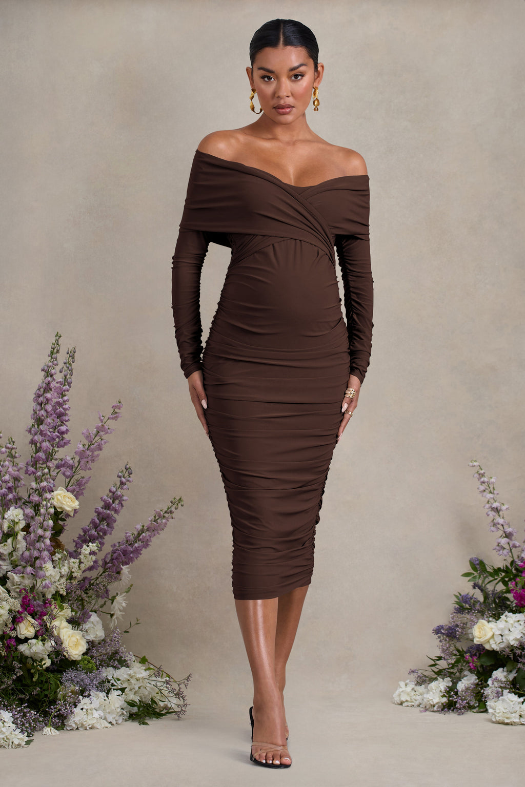 Davina Brown Ruched Twist Bardot Maternity Midi Dress – side view