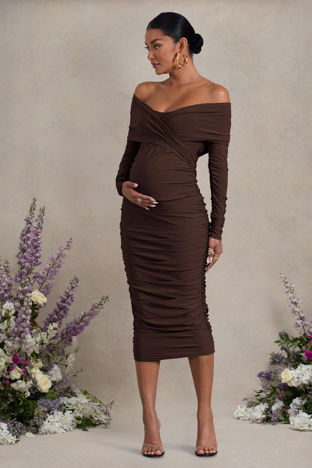 Davina Brown Ruched Twist Bardot Maternity Midi Dress – back view