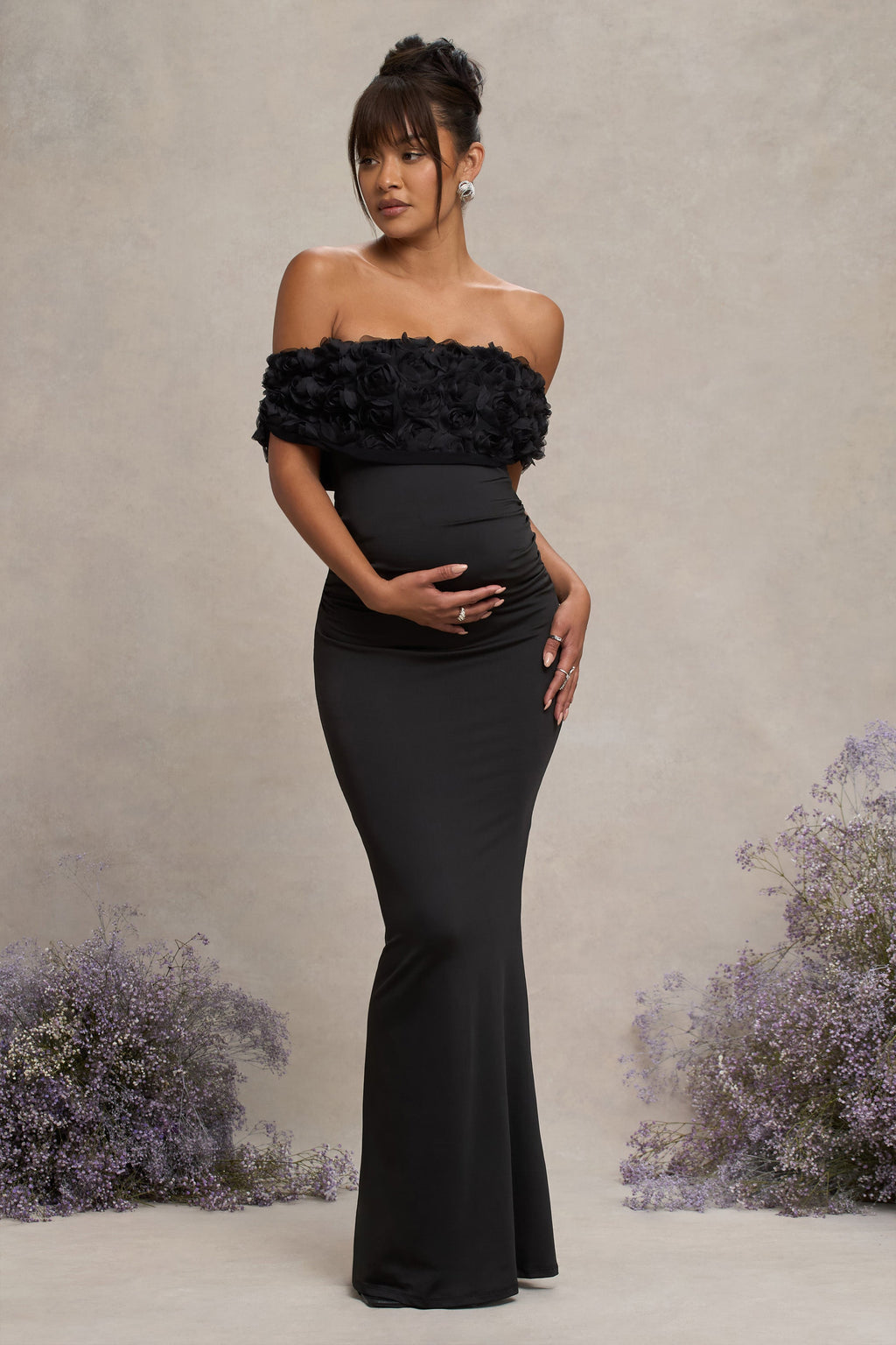 Inflorescence Black Mesh Floral Bardot Maternity Maxi Dress – front view