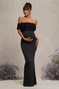 Inflorescence Black Mesh Floral Bardot Maternity Maxi Dress – front view