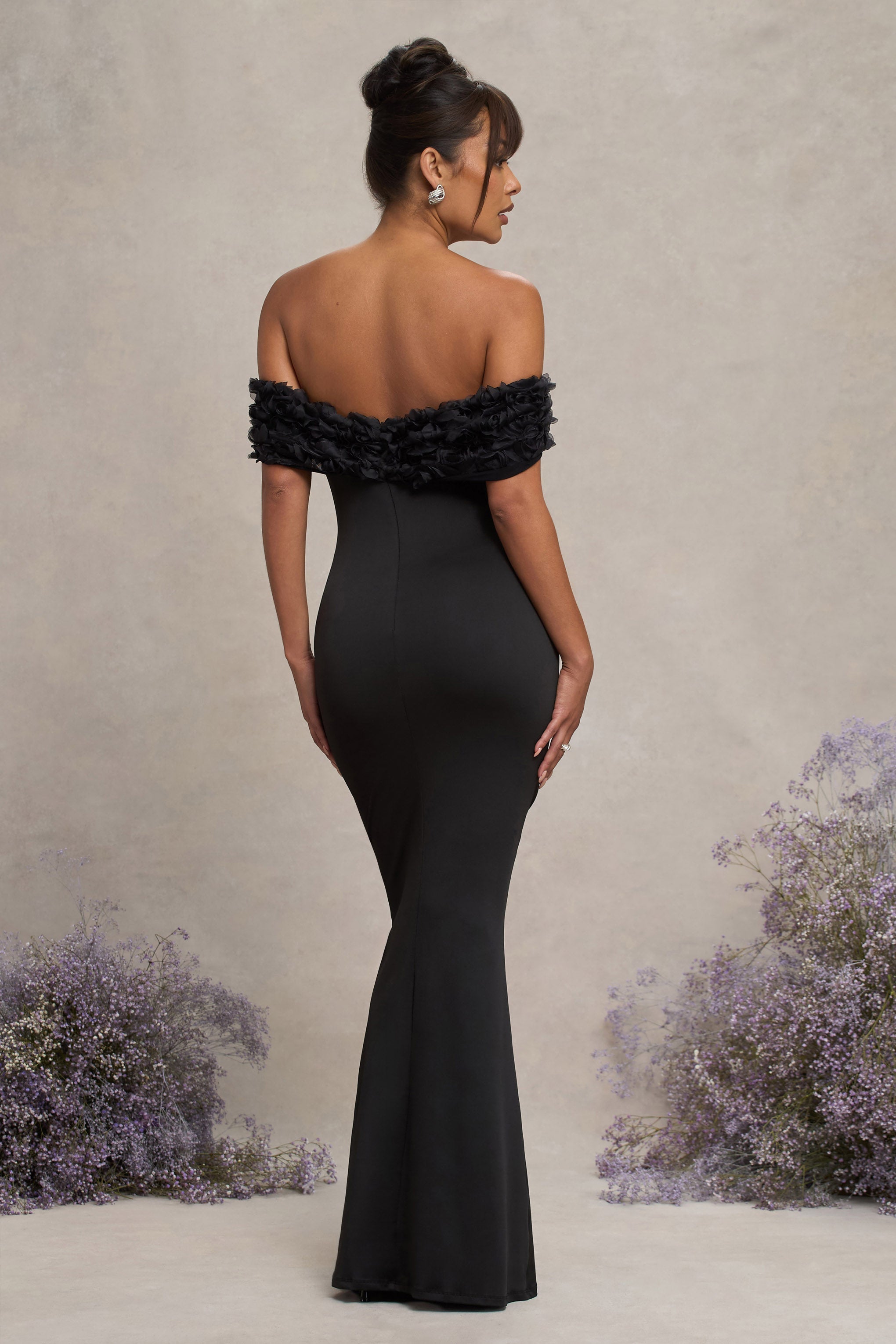 Inflorescence Black Mesh Floral Bardot Maternity Maxi Dress – lifestyle photo