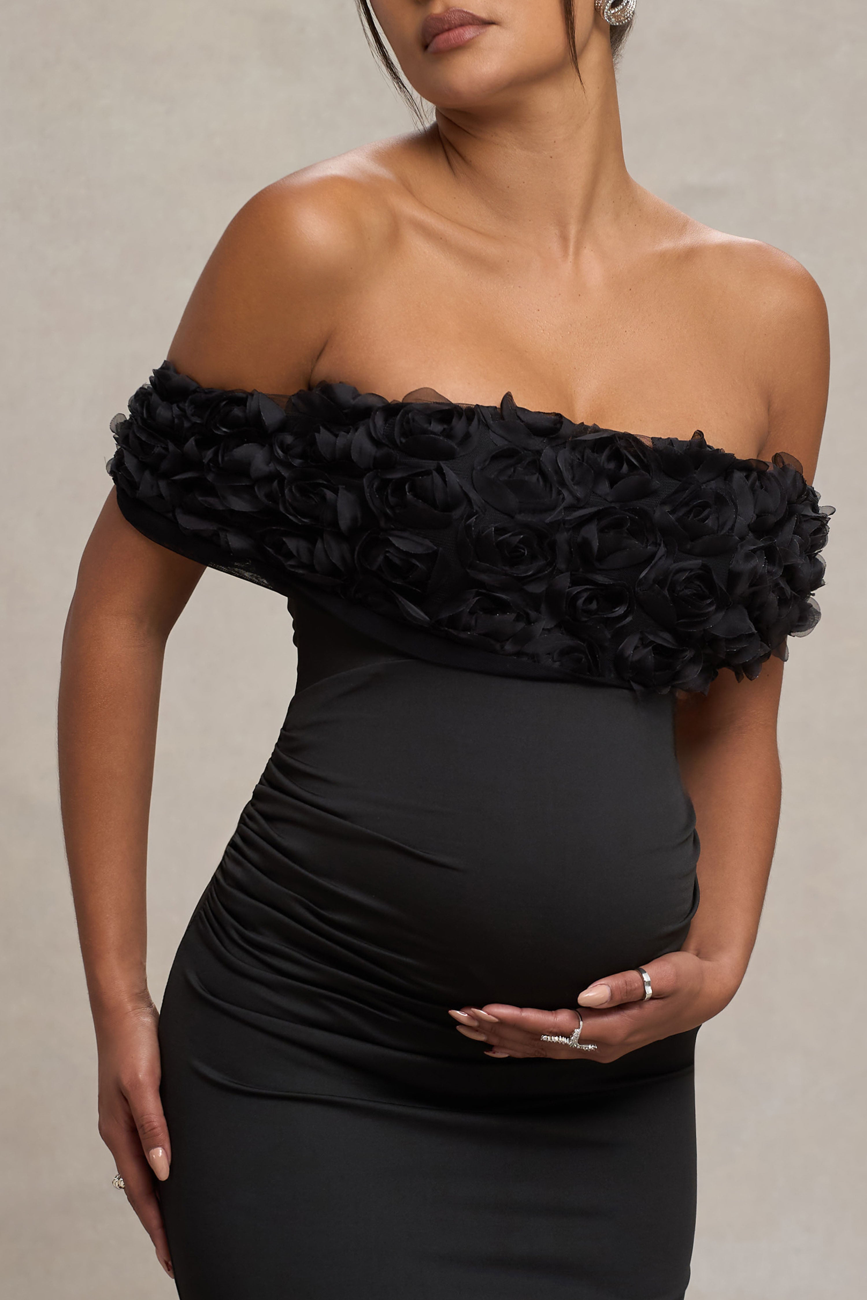 Inflorescence Black Mesh Floral Bardot Maternity Maxi Dress – detail shot