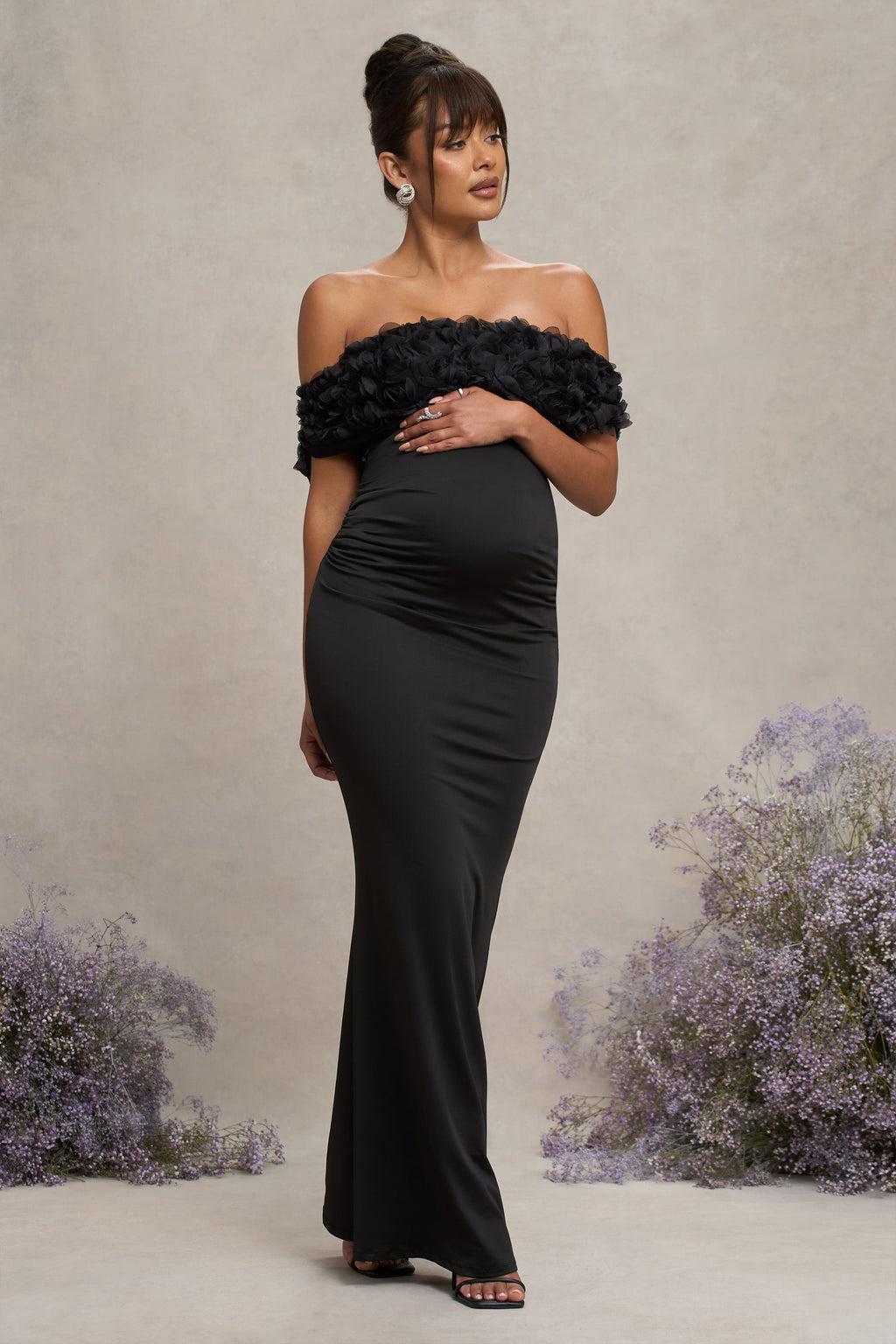 Inflorescence Black Mesh Floral Bardot Maternity Maxi Dress – side view