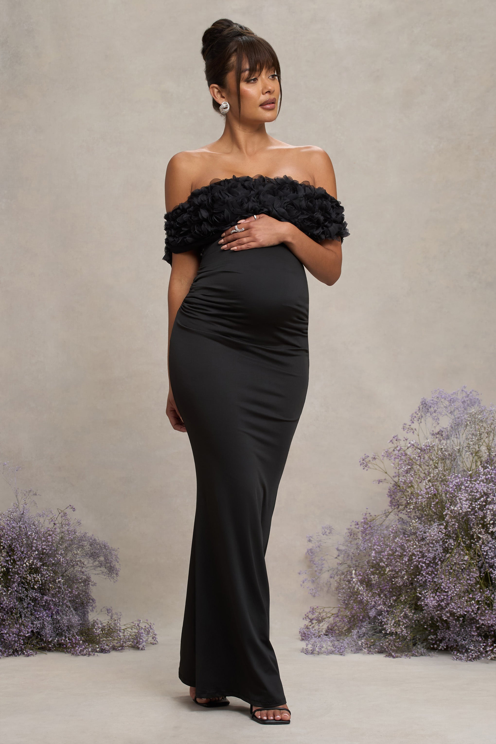 Inflorescence Black Mesh Floral Bardot Maternity Maxi Dress – side view