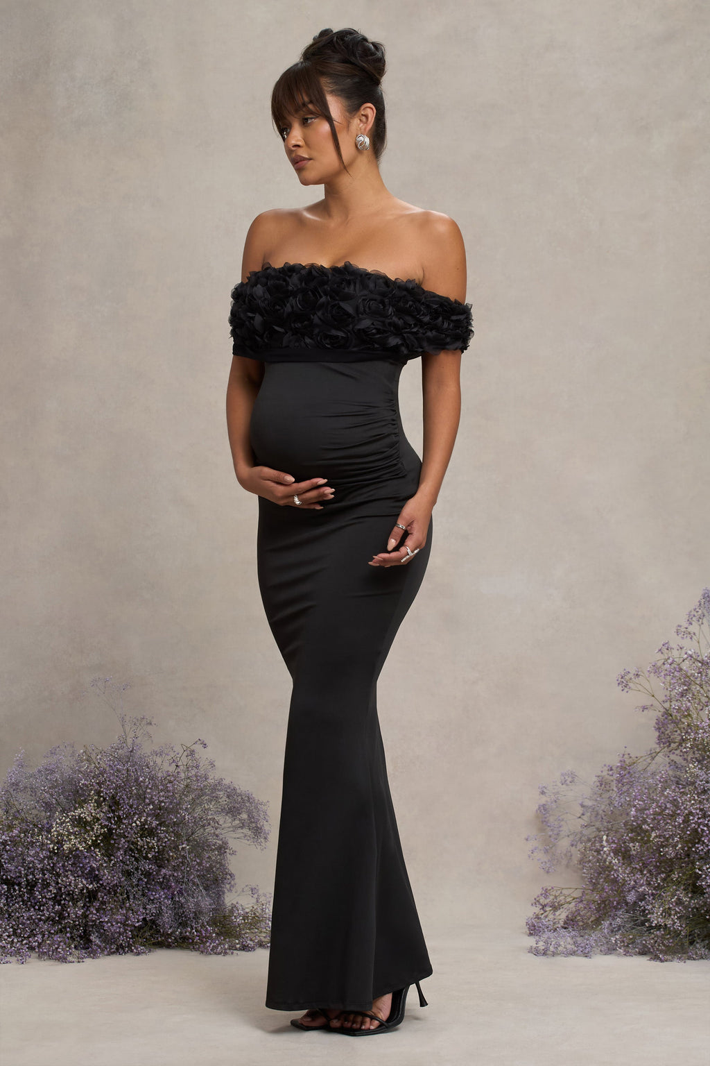 Inflorescence Black Mesh Floral Bardot Maternity Maxi Dress – back view