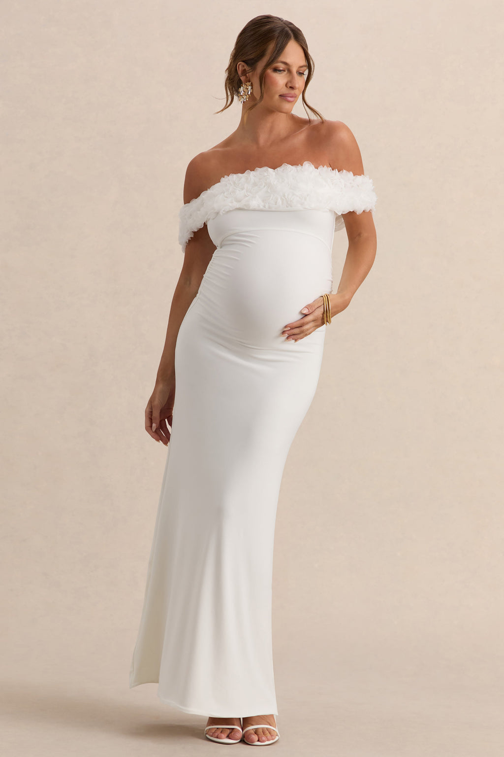 Inflorescence White Mesh Floral Bardot Maternity Maxi Dress – side view