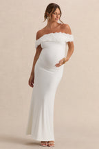 Inflorescence White Mesh Floral Bardot Maternity Maxi Dress – side view