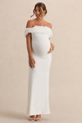 Inflorescence White Mesh Floral Bardot Maternity Maxi Dress – front view