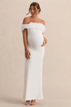 Inflorescence White Mesh Floral Bardot Maternity Maxi Dress – front view