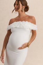 Inflorescence White Mesh Floral Bardot Maternity Maxi Dress – back view