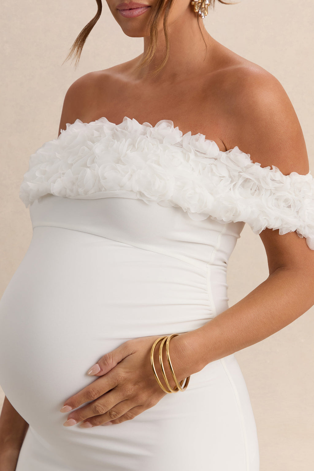 Inflorescence White Mesh Floral Bardot Maternity Maxi Dress – additional view