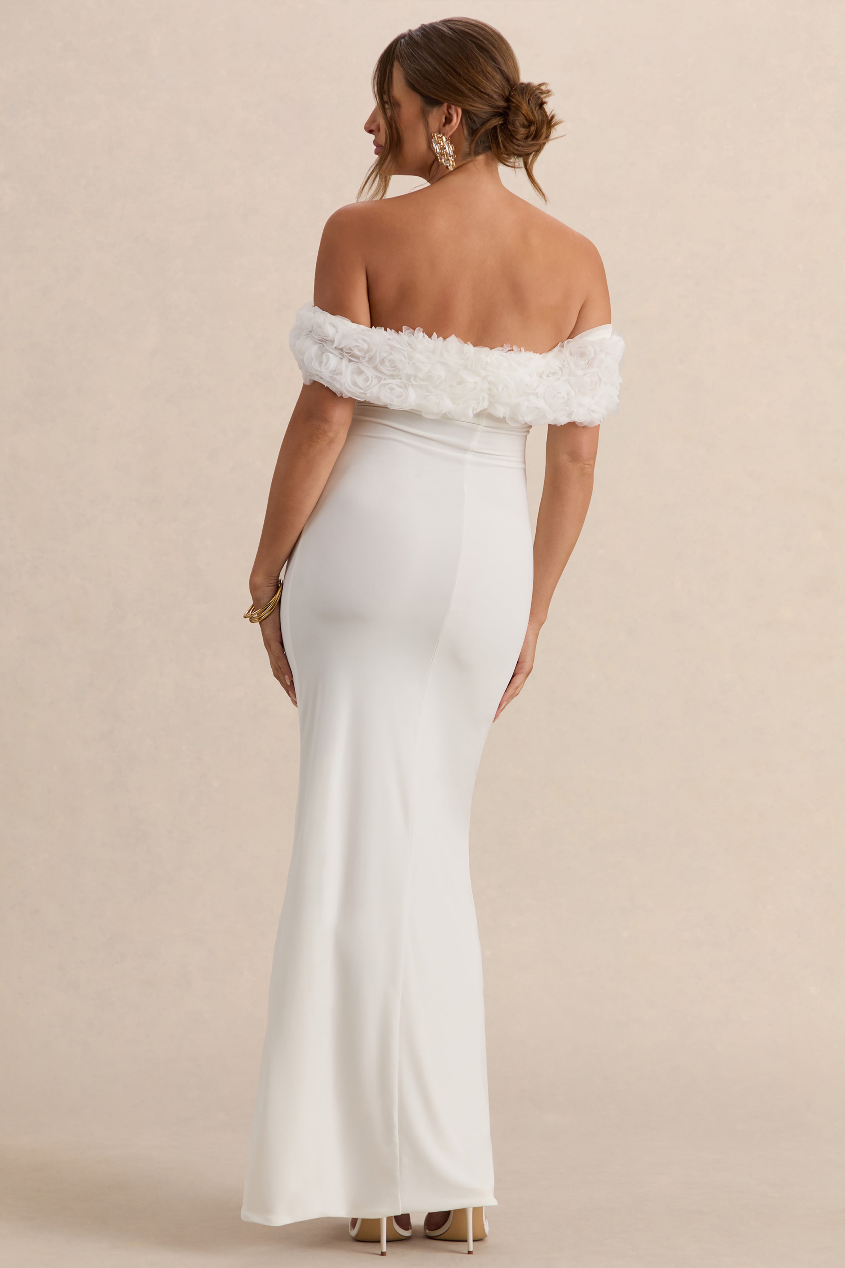 Inflorescence White Mesh Floral Bardot Maternity Maxi Dress – lifestyle photo