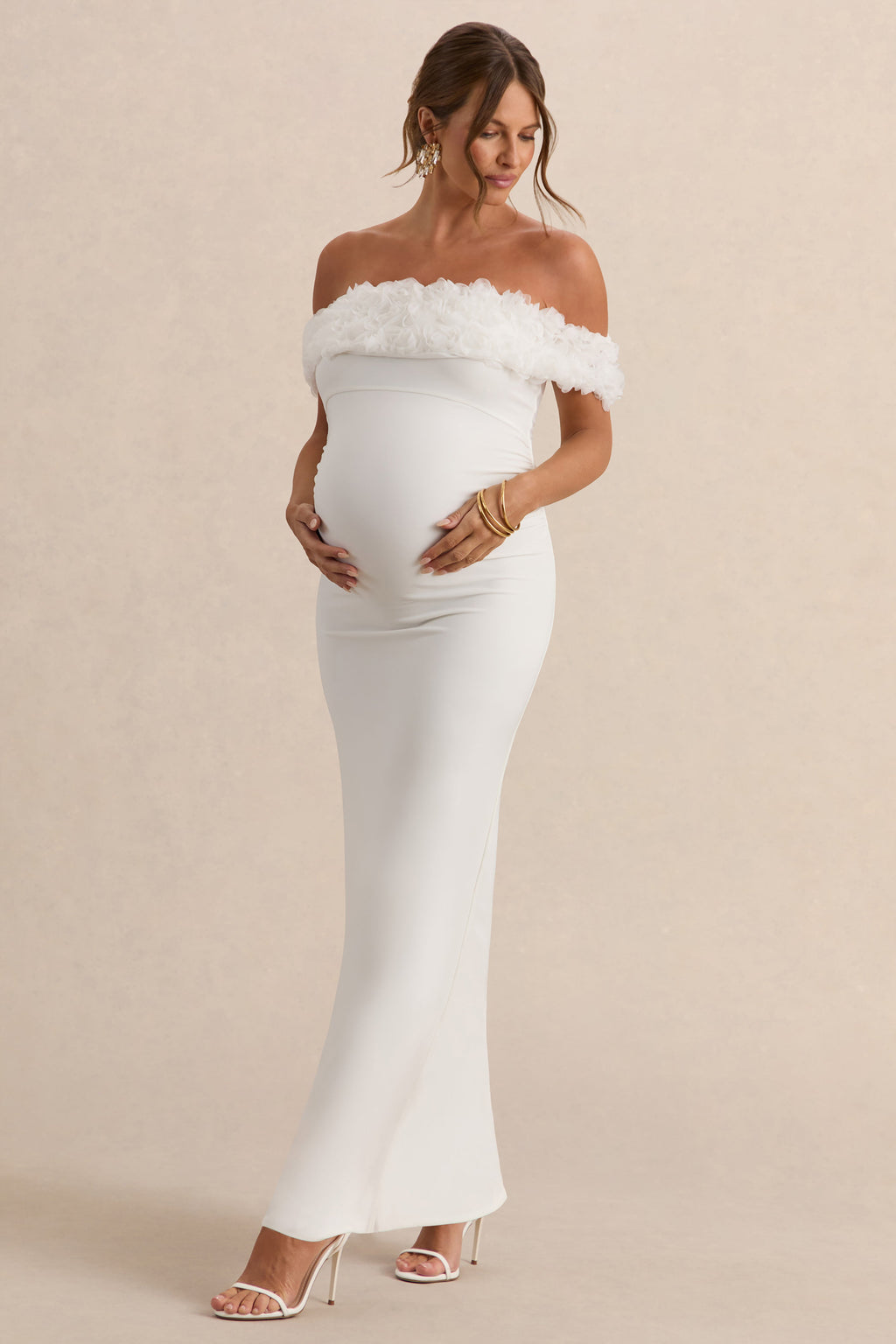 Inflorescence White Mesh Floral Bardot Maternity Maxi Dress – second lifestyle photo