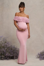 Inflorescence Blush Pink Mesh Floral Bardot Maternity Maxi Dress – front view