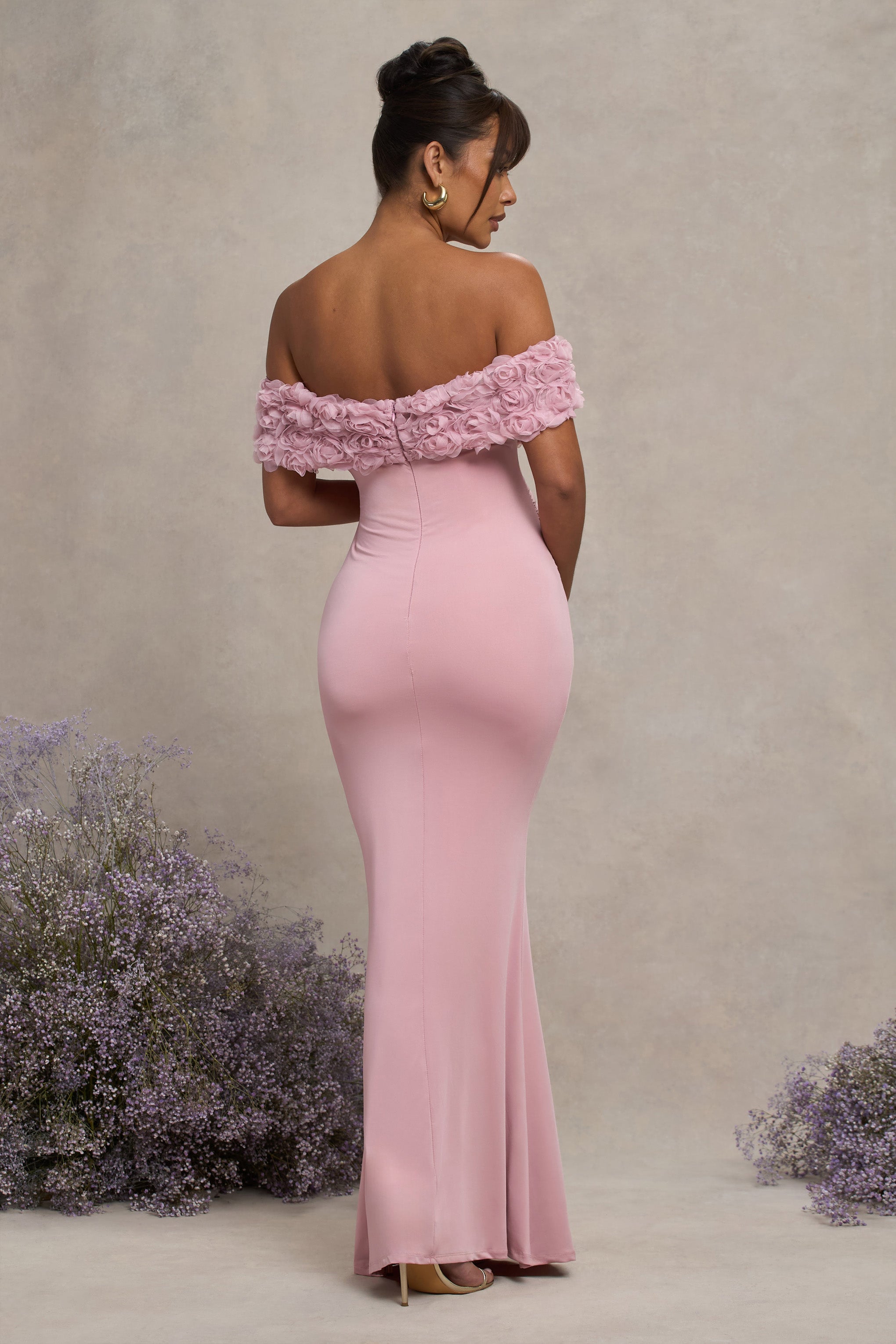 Inflorescence Blush Pink Mesh Floral Bardot Maternity Maxi Dress – lifestyle photo