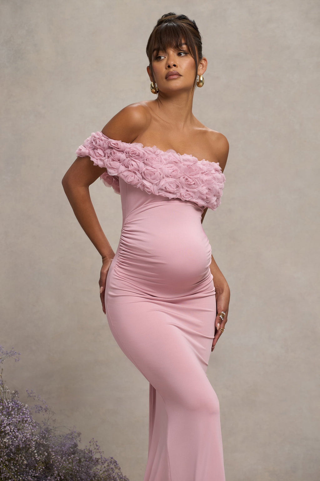 Inflorescence Blush Pink Mesh Floral Bardot Maternity Maxi Dress – detail shot