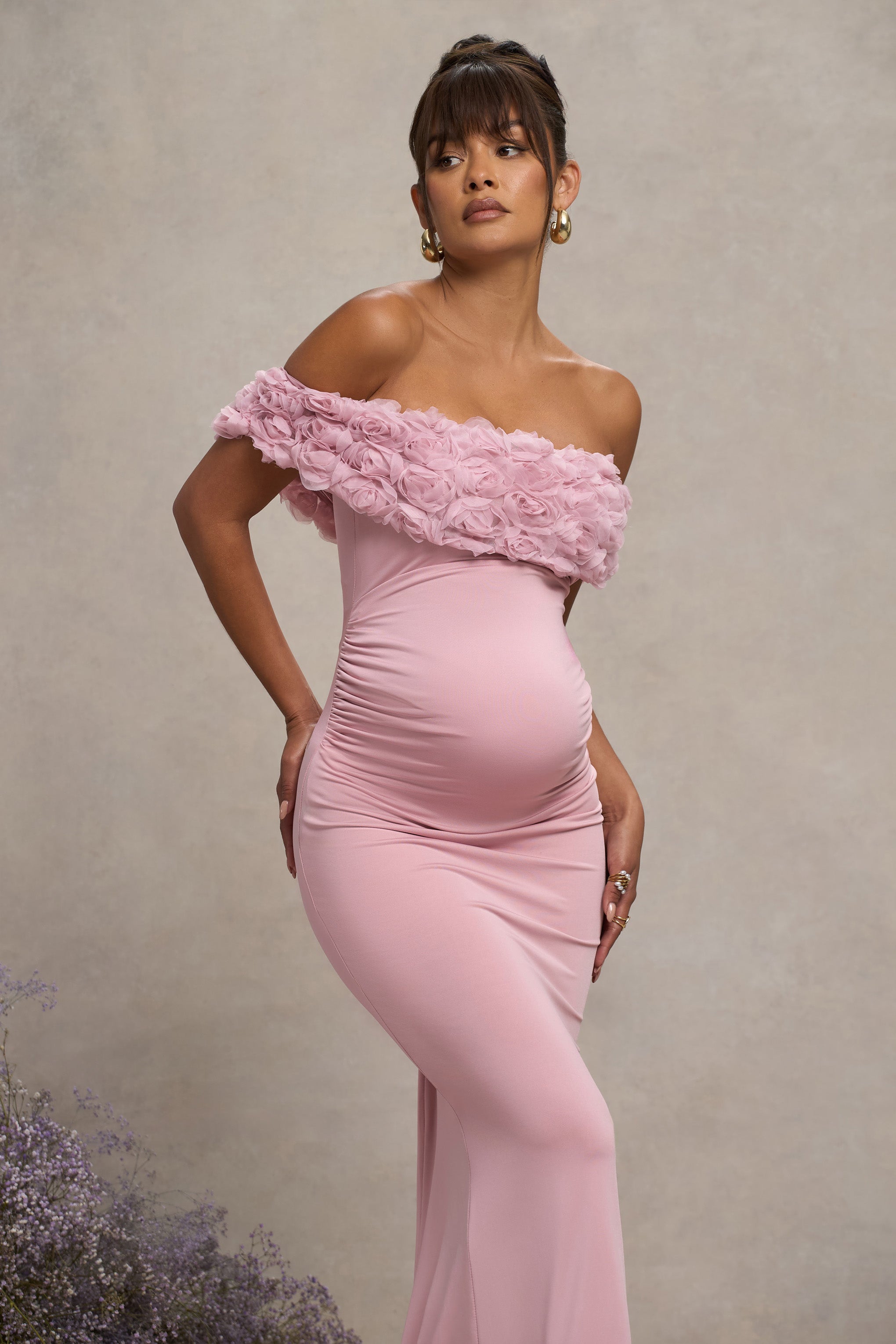 Inflorescence Blush Pink Mesh Floral Bardot Maternity Maxi Dress – detail shot