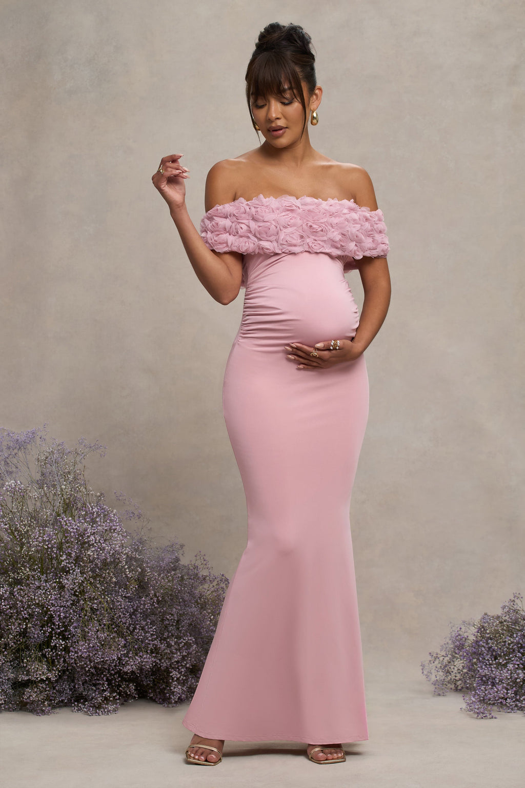Inflorescence Blush Pink Mesh Floral Bardot Maternity Maxi Dress – side view