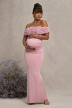Inflorescence Blush Pink Mesh Floral Bardot Maternity Maxi Dress – back view