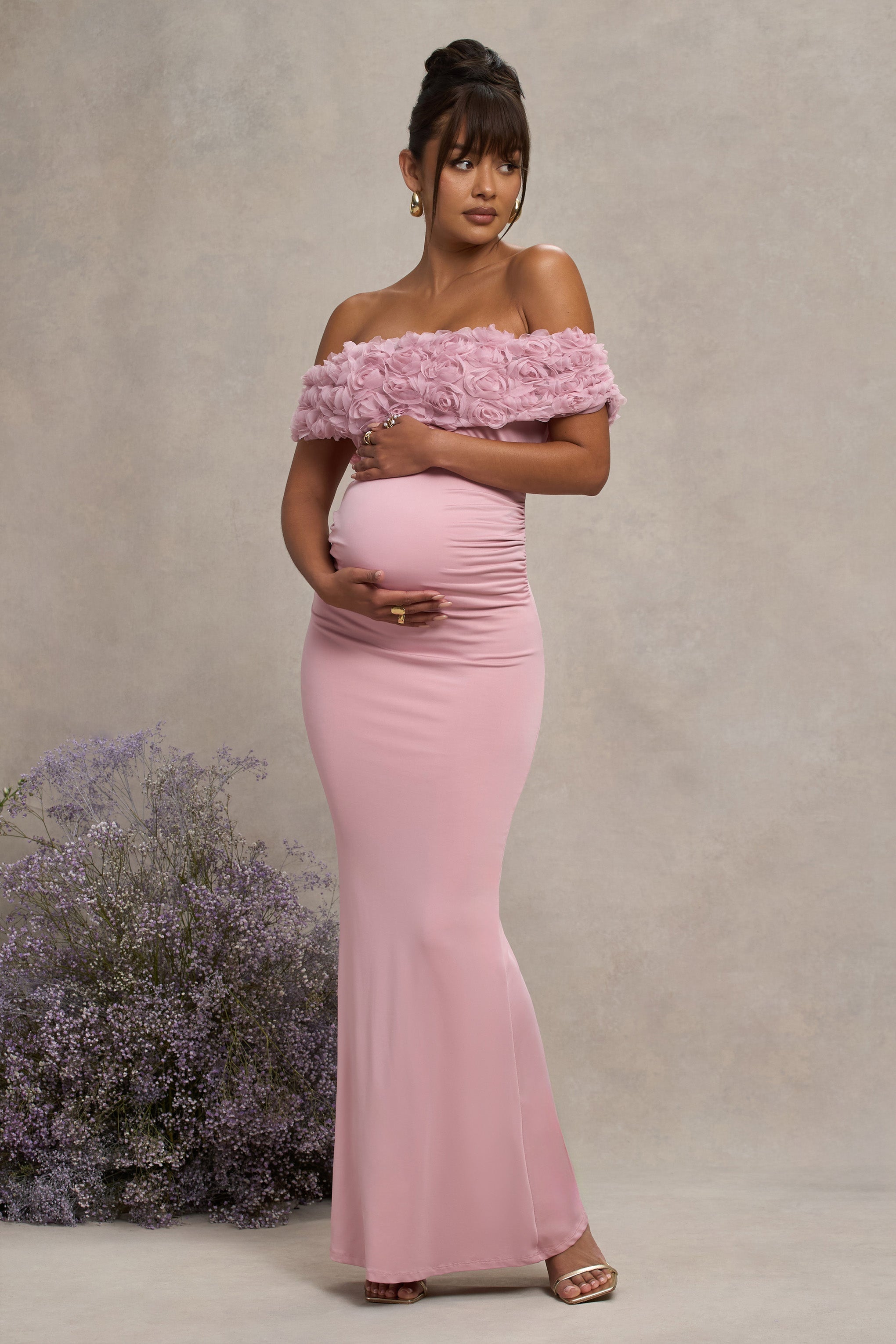 Inflorescence Blush Pink Mesh Floral Bardot Maternity Maxi Dress – back view