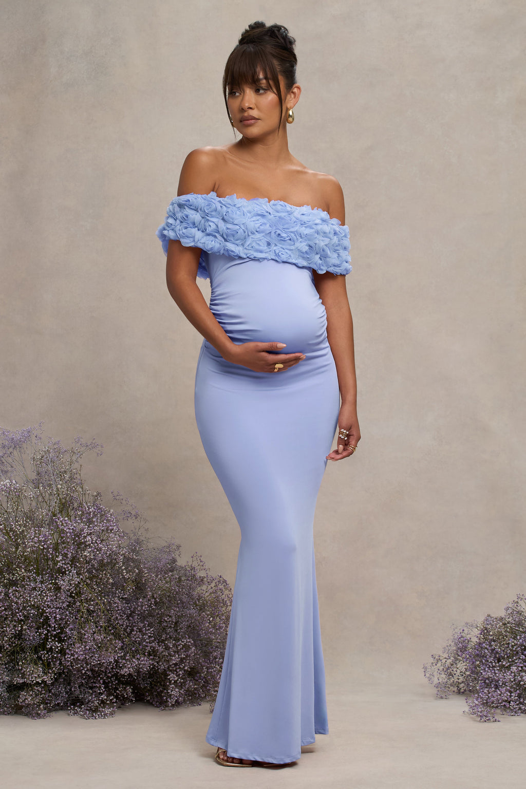 Inflorescence Powder Blue Mesh Floral Bardot Maternity Maxi Dress – back view