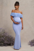 Inflorescence Powder Blue Mesh Floral Bardot Maternity Maxi Dress – back view