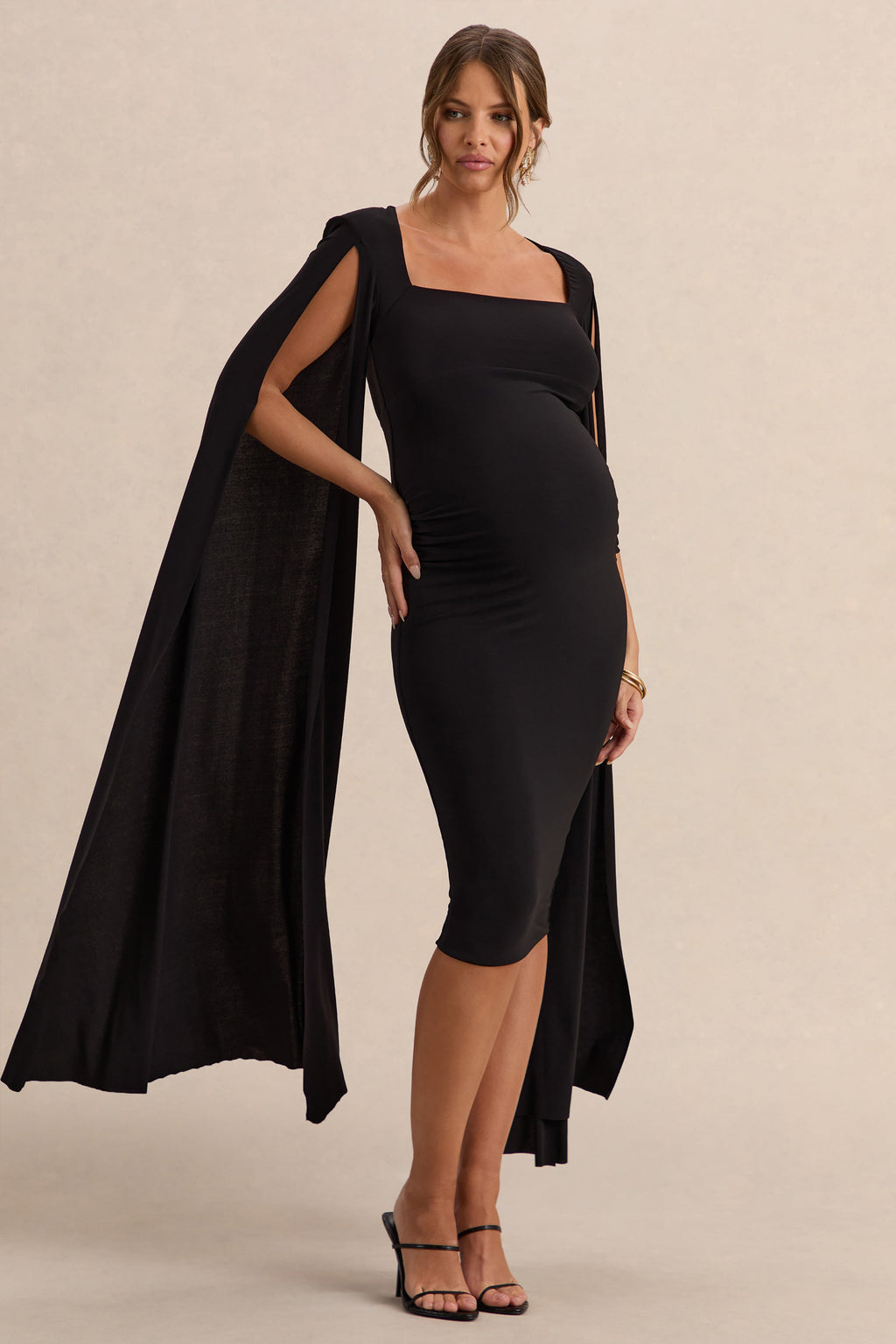 Driftly | Flawless Black Square-Neck Maternity Midi Dress With Cape-Sleeves