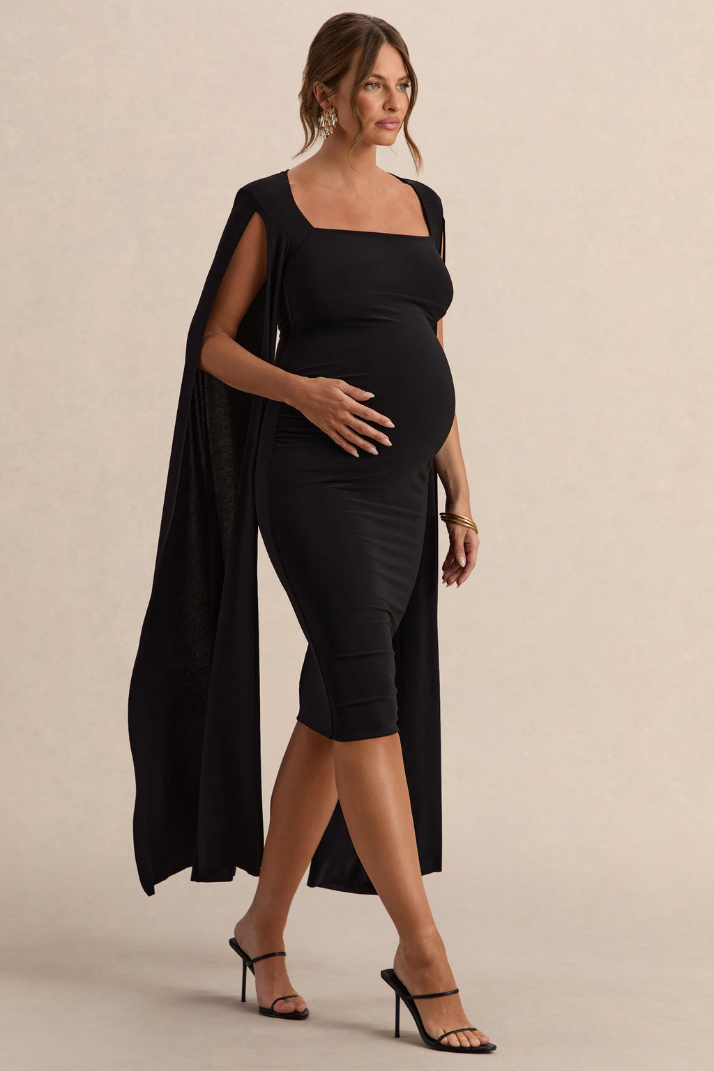 Flawless Black Square-Neck Maternity Midi Dress With Cape-Sleeves – second lifestyle photo