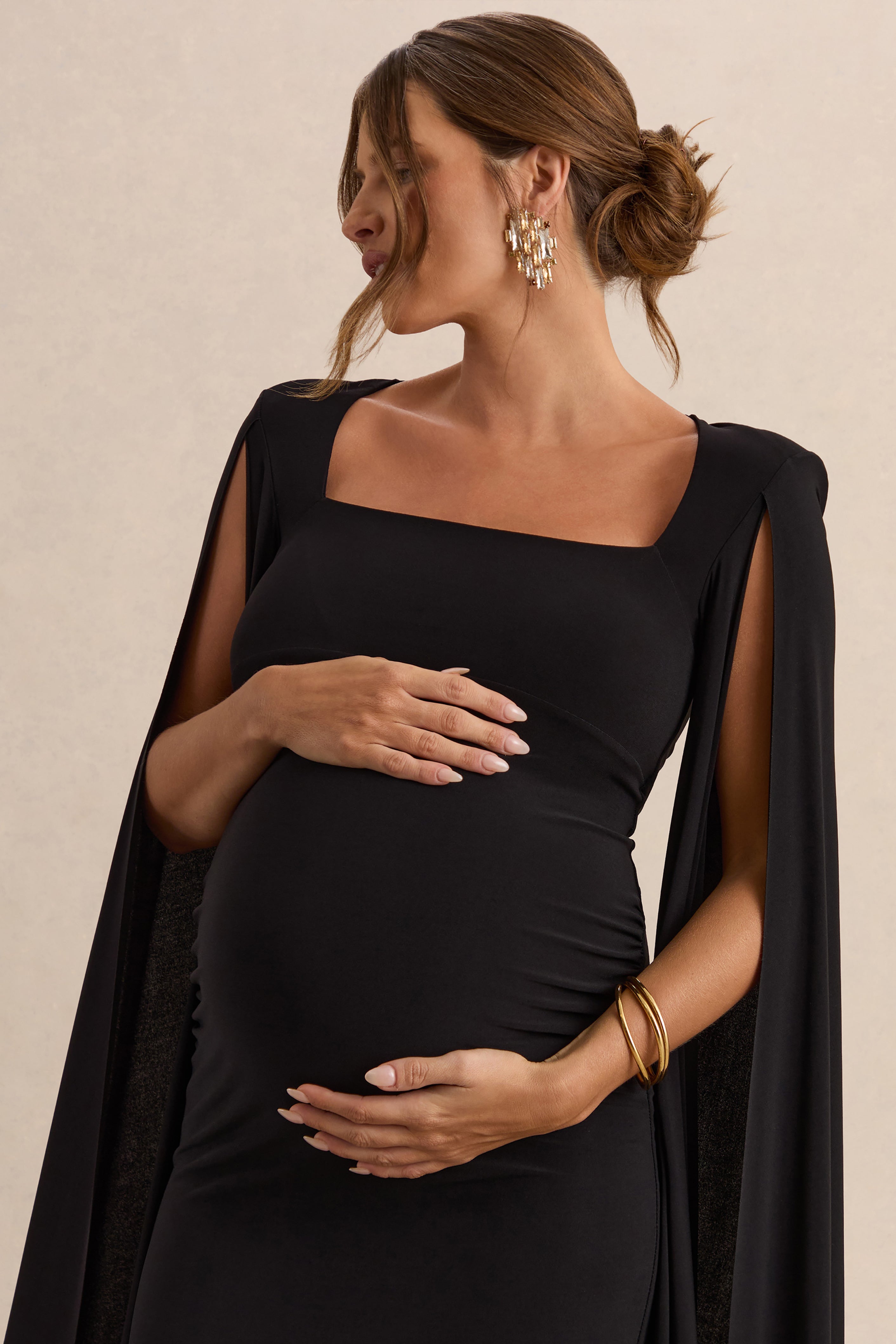 Driftly | Flawless Black Square-Neck Maternity Midi Dress With Cape-Sleeves