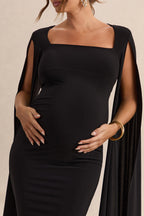 Flawless Black Square-Neck Maternity Midi Dress With Cape-Sleeves – additional view