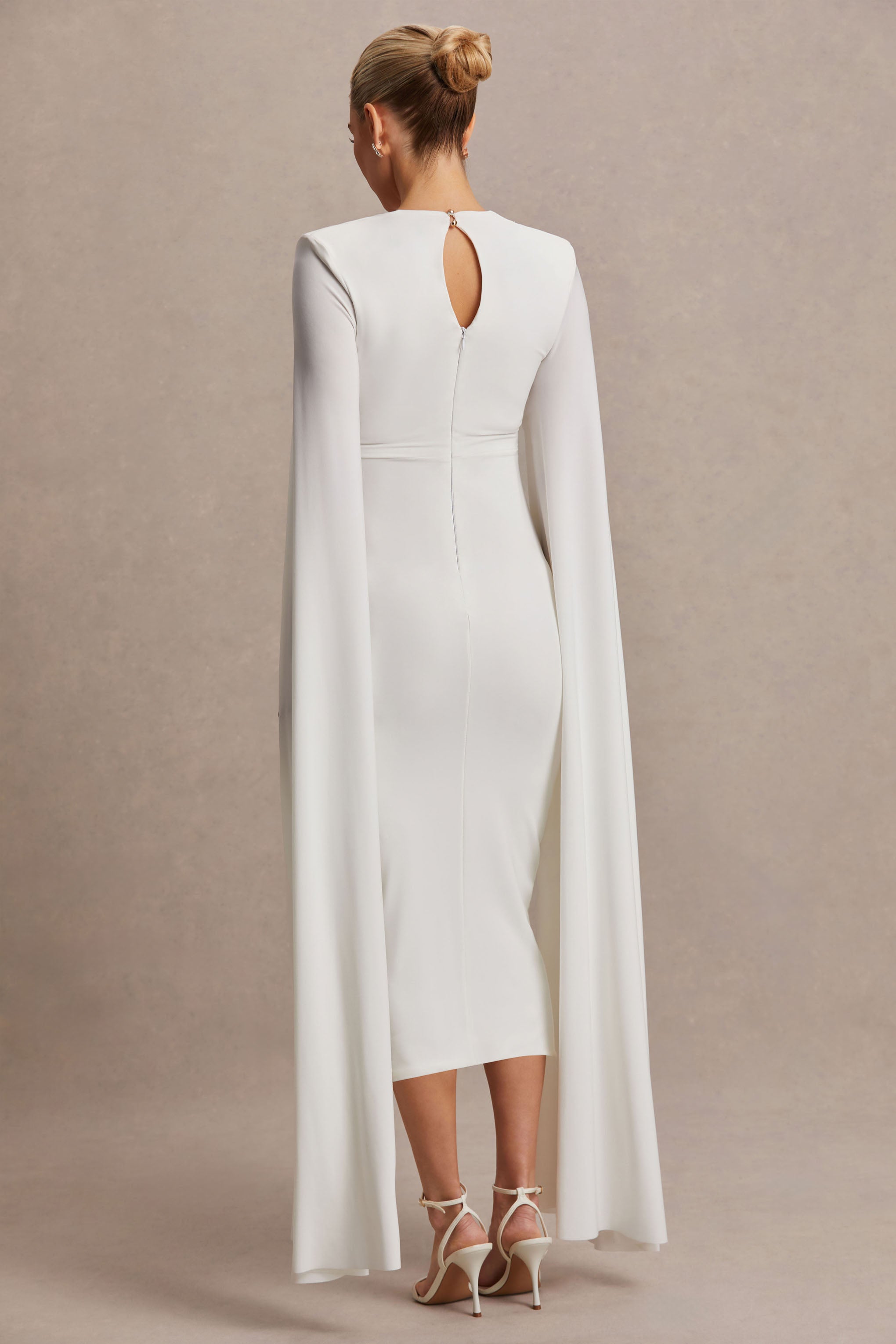 Flawless White Square-Neck Maternity Midi Dress With Cape-Sleeves – lifestyle photo