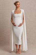 Flawless White Square-Neck Maternity Midi Dress With Cape-Sleeves – side view