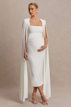 Flawless White Square-Neck Maternity Midi Dress With Cape-Sleeves – back view