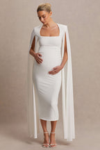 Flawless White Square-Neck Maternity Midi Dress With Cape-Sleeves – additional view