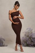 Salome Chocolate Brown Twisted Asymmetric Maternity Midi Dress – front view