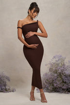 Salome Chocolate Brown Twisted Asymmetric Maternity Midi Dress – front view