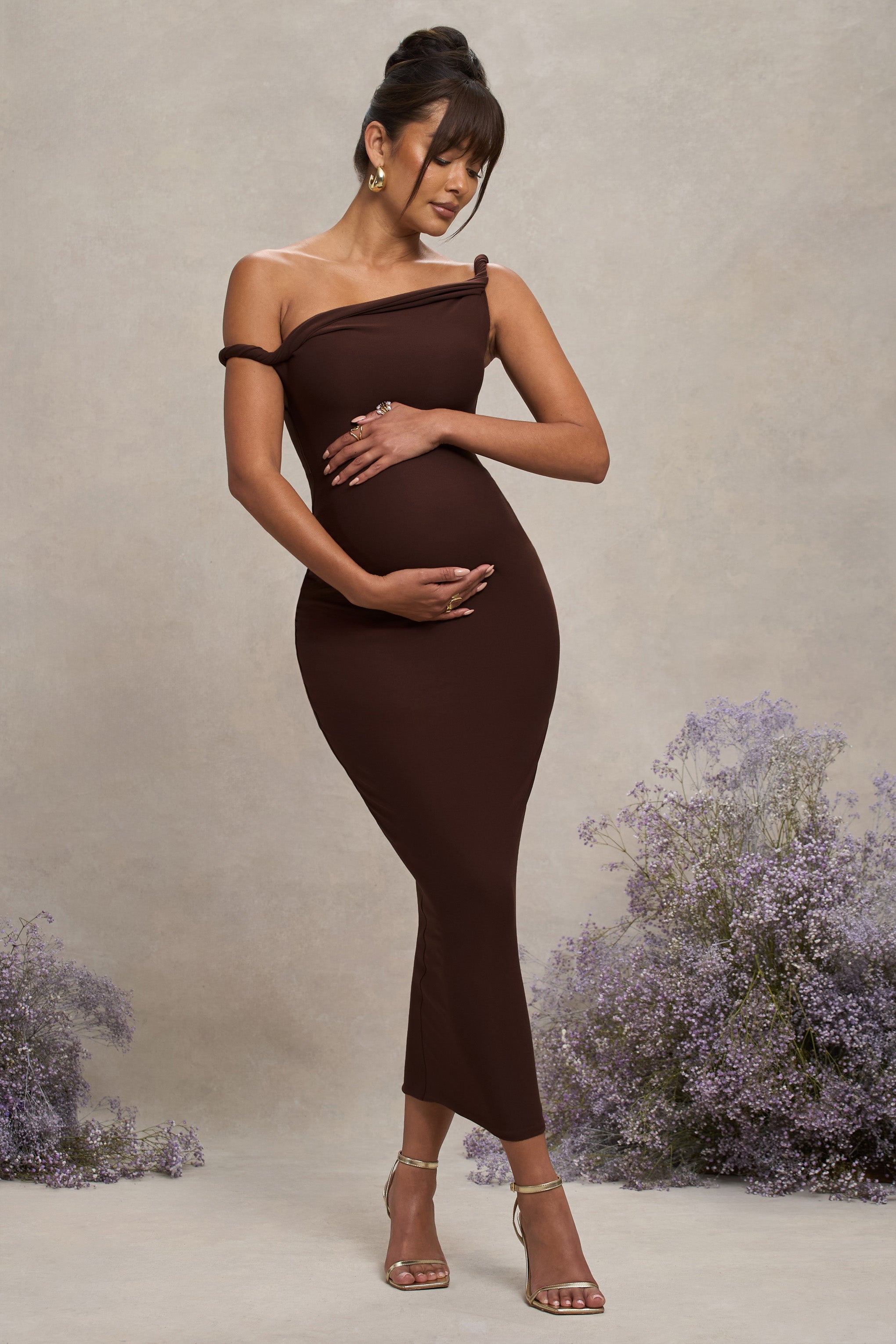 Salome Chocolate Brown Twisted Asymmetric Maternity Midi Dress – front view