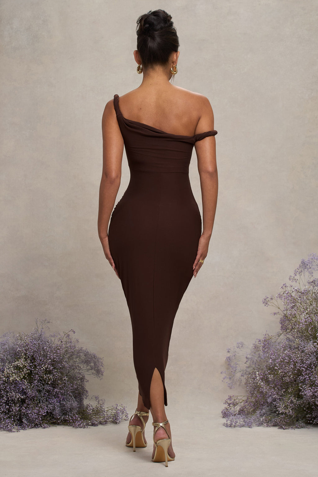 Salome Chocolate Brown Twisted Asymmetric Maternity Midi Dress – lifestyle photo