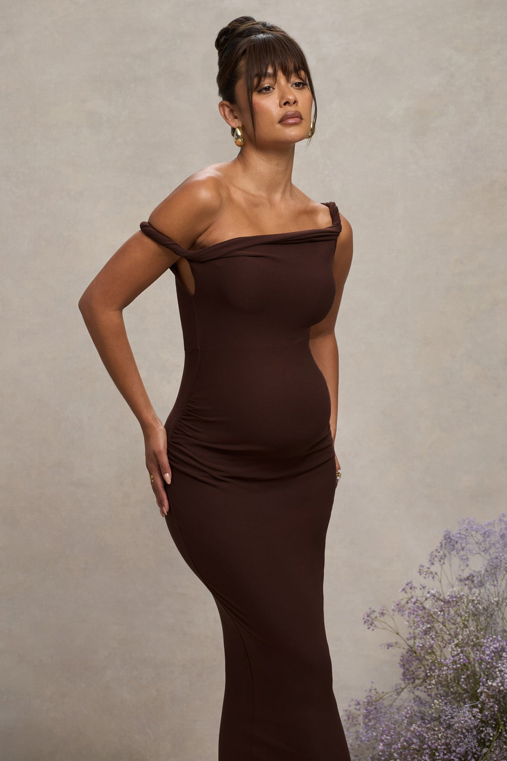 Salome Chocolate Brown Twisted Asymmetric Maternity Midi Dress – detail shot