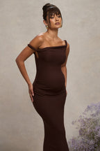 Salome Chocolate Brown Twisted Asymmetric Maternity Midi Dress – detail shot