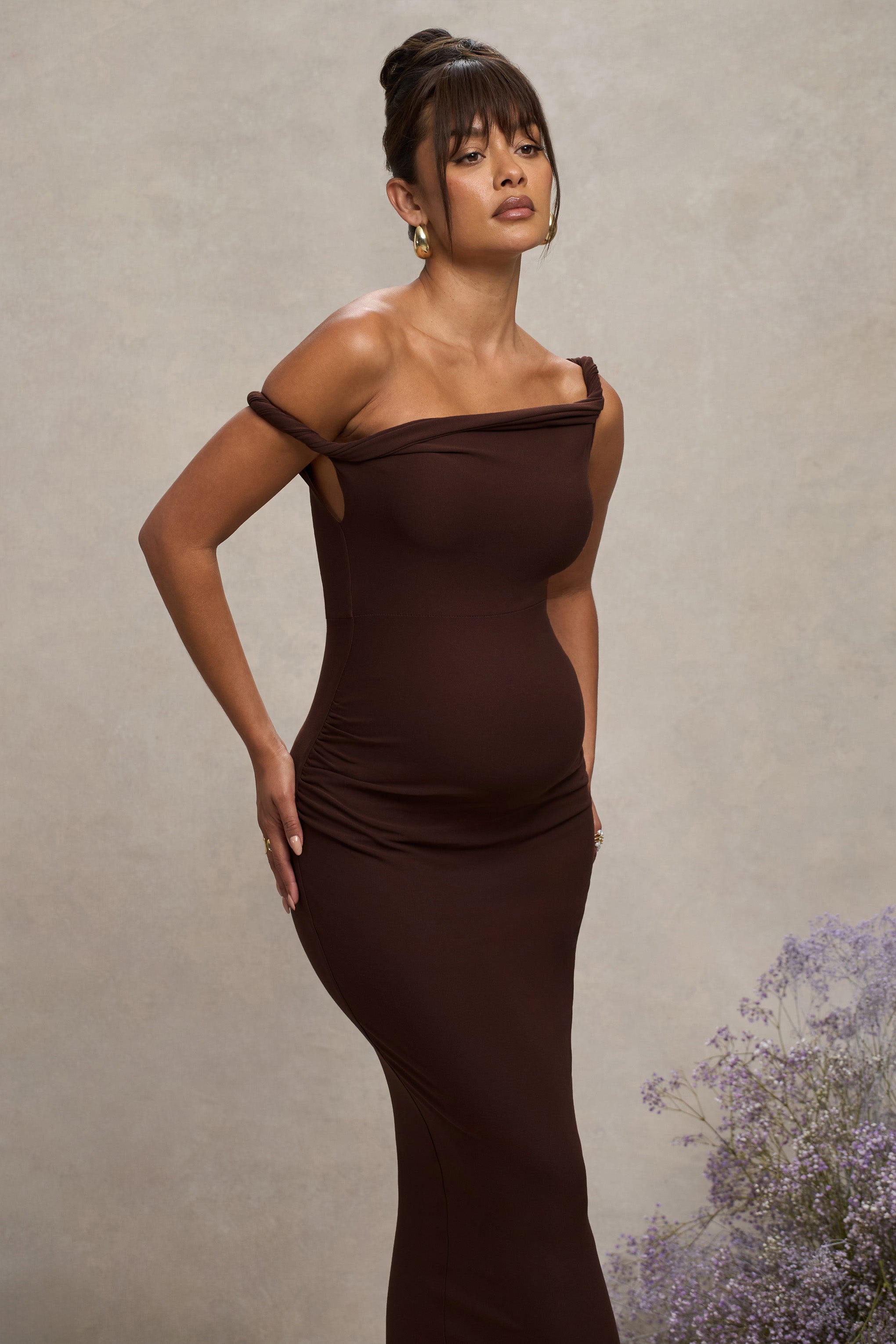 Salome Chocolate Brown Twisted Asymmetric Maternity Midi Dress – detail shot