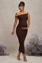 Salome Chocolate Brown Twisted Asymmetric Maternity Midi Dress – side view