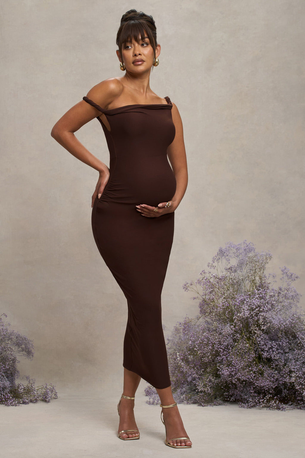 Salome Chocolate Brown Twisted Asymmetric Maternity Midi Dress – back view