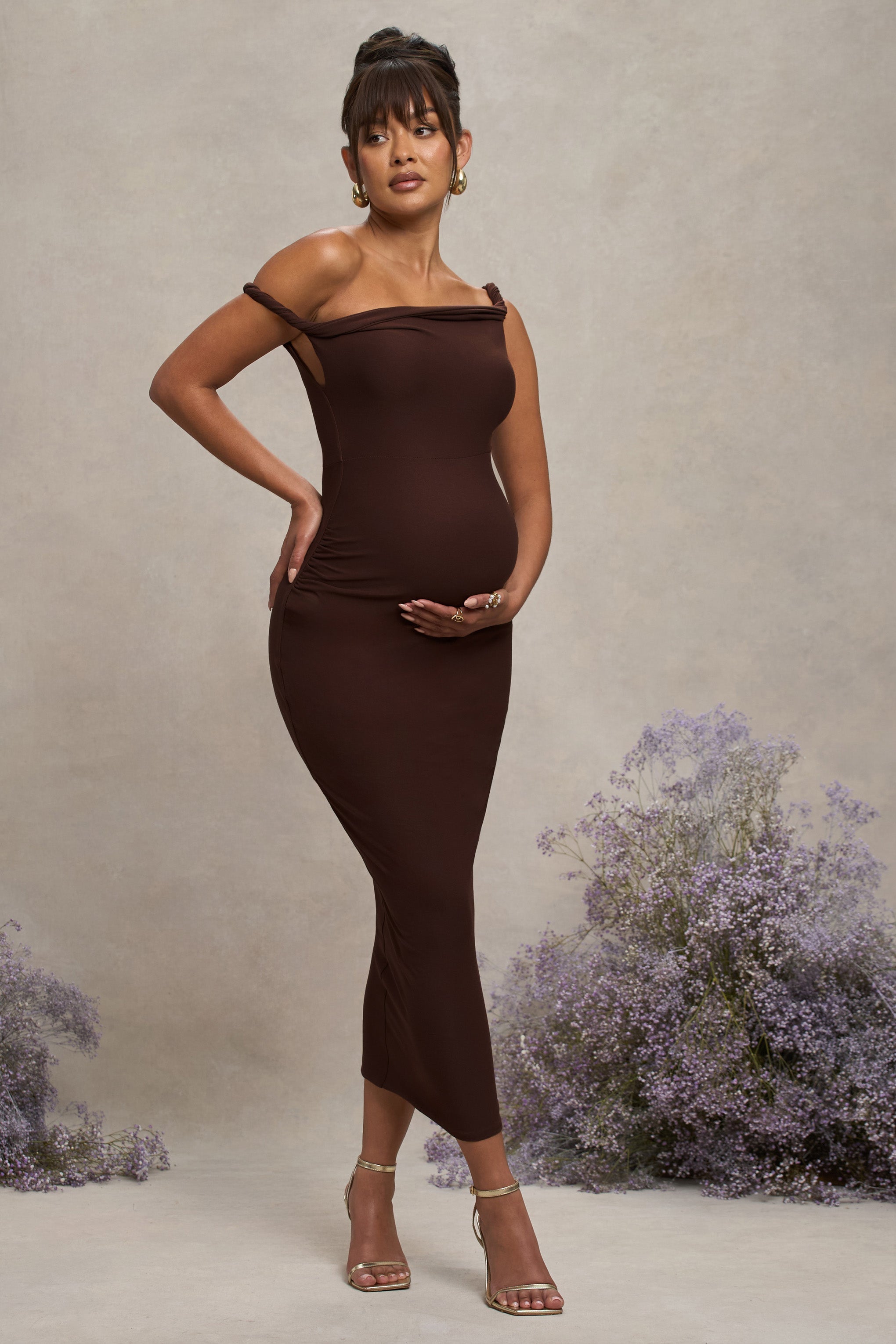 Salome Chocolate Brown Twisted Asymmetric Maternity Midi Dress – back view