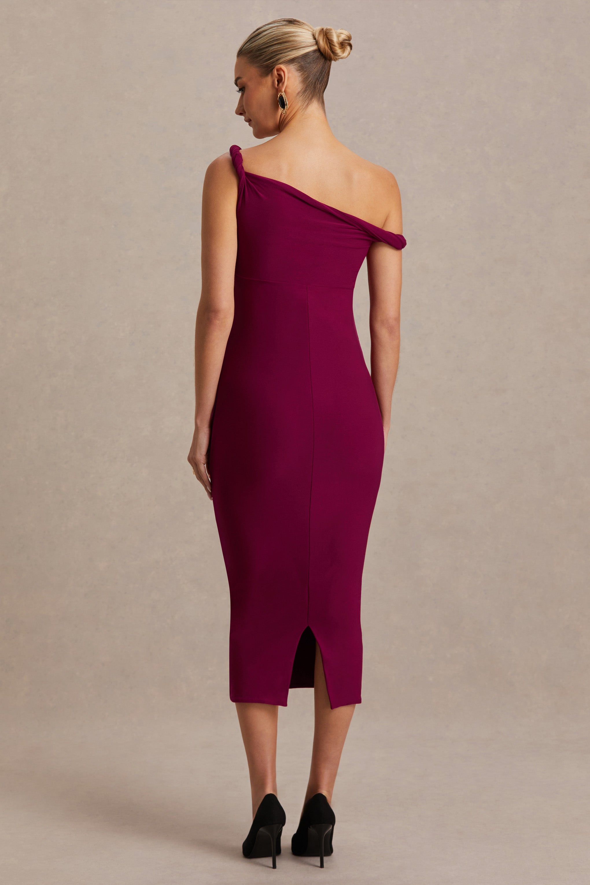 Salome Burgundy Twisted Asymmetric Maternity Midi Dress – lifestyle photo