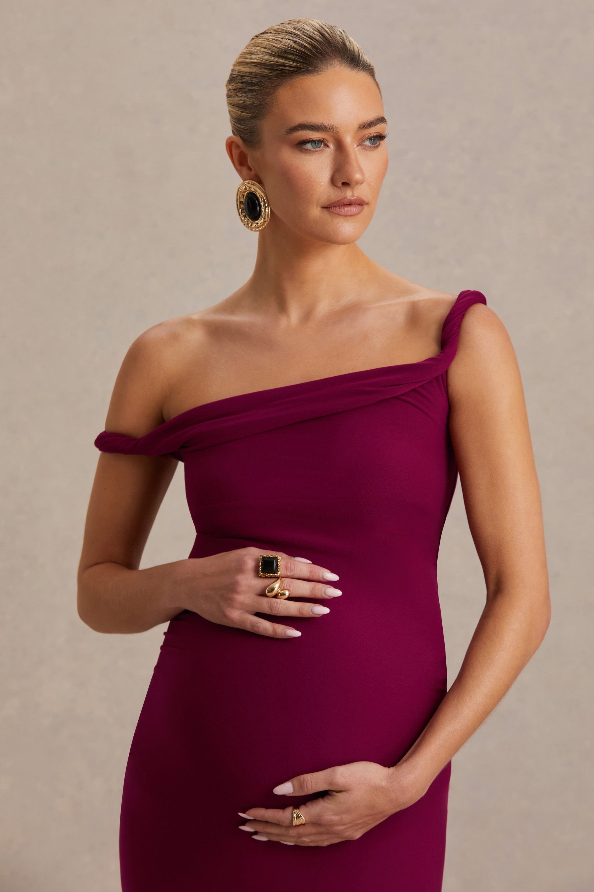 Salome Burgundy Twisted Asymmetric Maternity Midi Dress – second lifestyle photo