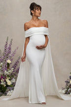Carlotta White Bardot Maternity Maxi Dress With Chiffon Cape – front view