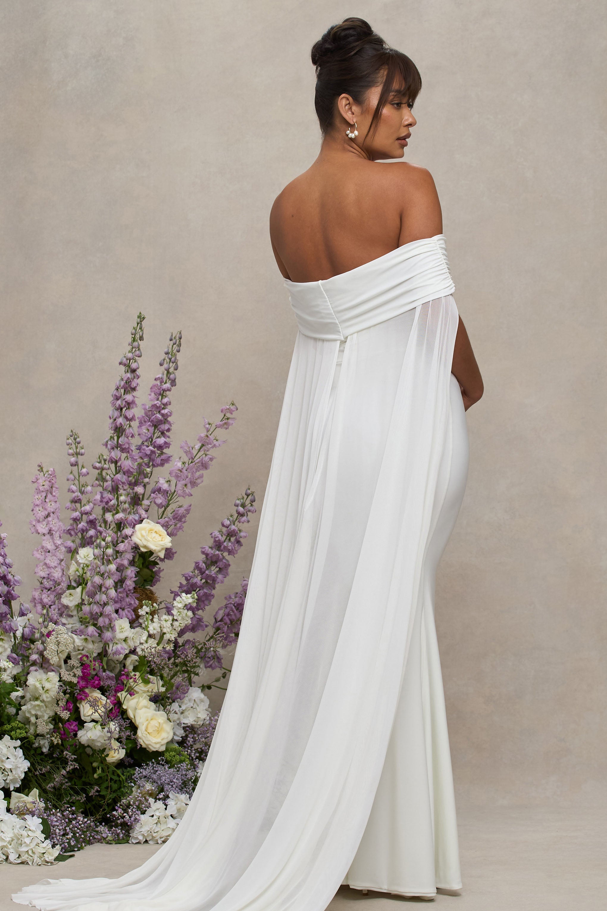 Carlotta White Bardot Maternity Maxi Dress With Chiffon Cape – lifestyle photo