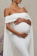 Carlotta White Bardot Maternity Maxi Dress With Chiffon Cape – detail shot